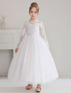 5119 Lace Flower Girl DressesTulle Long Sleeve Pageant Party Kids White Princess Evening Dresses Children Bridesmaid Dress