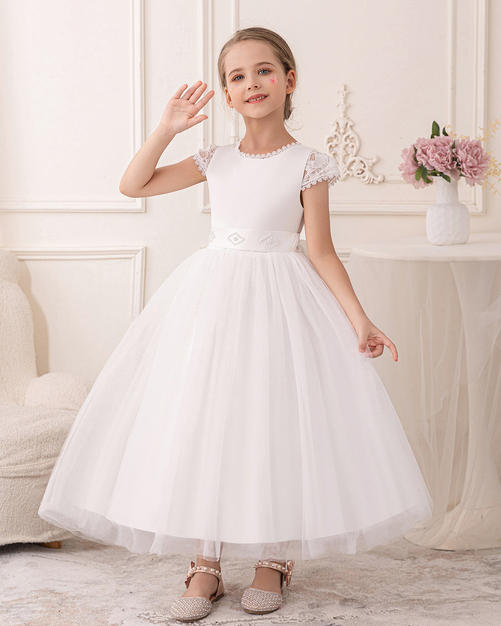 5089 White Lace Flower Girl Dress Tulle Gown for Summer Wedding