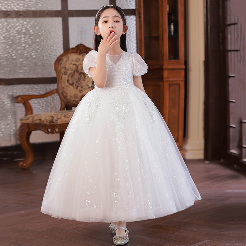 7811 Birthday Dresses for Girls Short Sleeve Frocks Design Formal Lace Flower Long Girl Dresses Wedding Kids