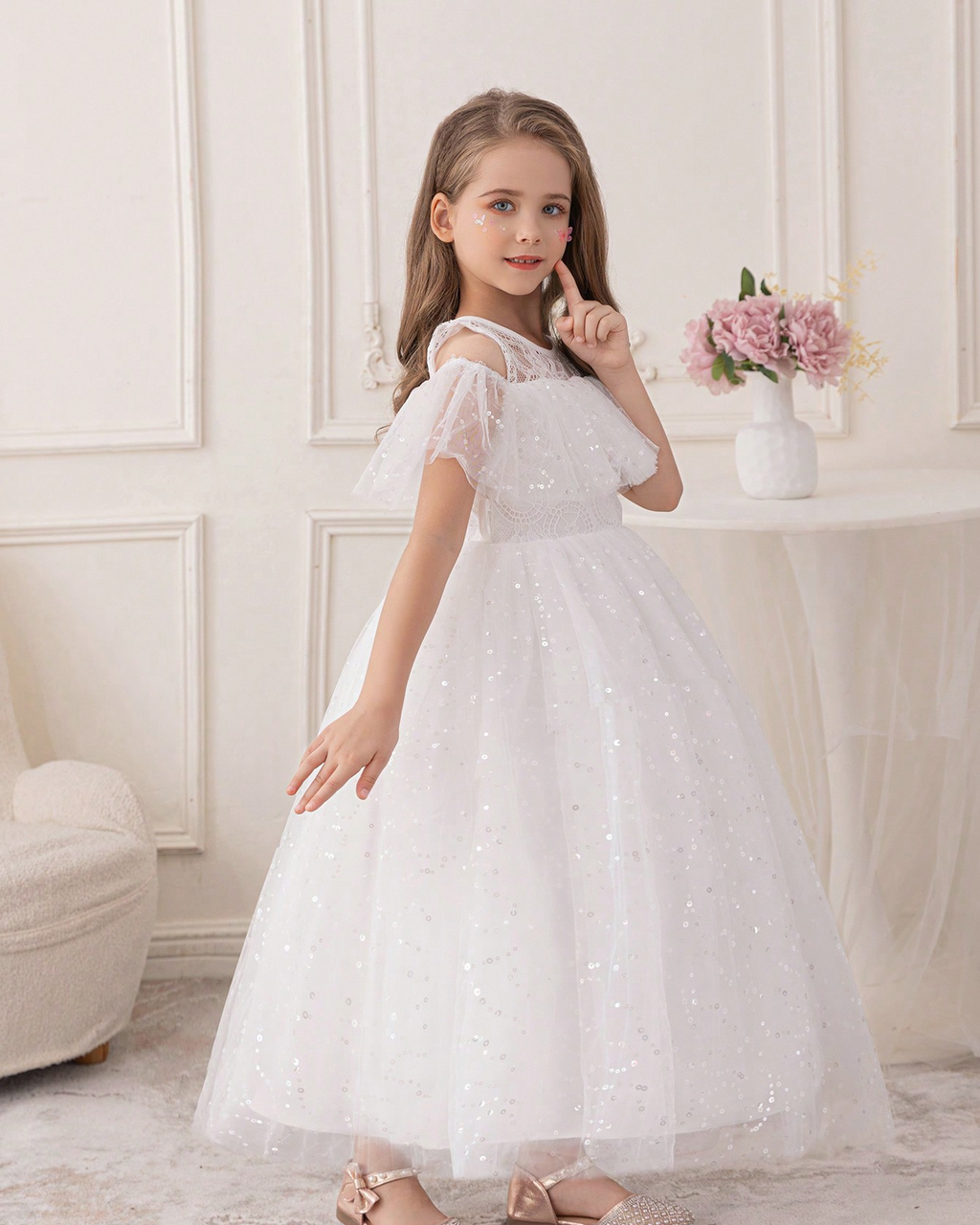 5095 Wholesale Elegant Long White Princess Communion Wedding Graduation Party Gown Dress for Young Little 6 Years Old Kids Girls