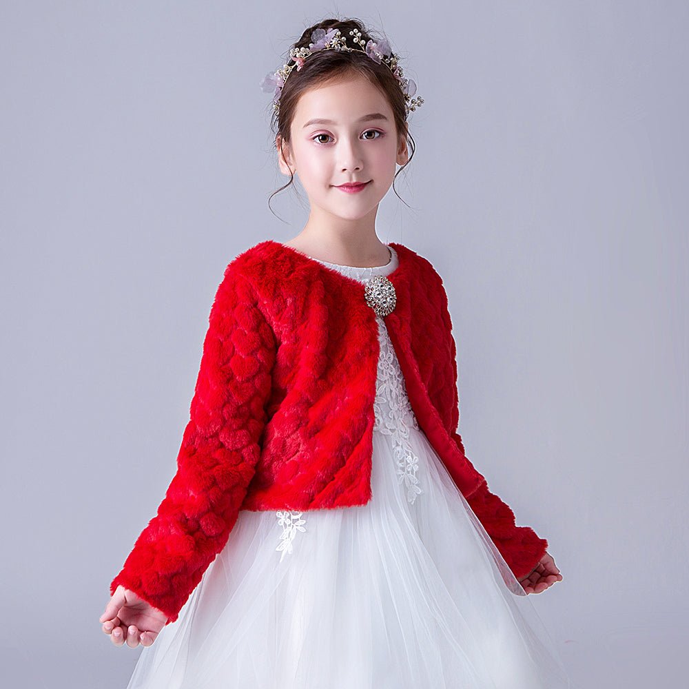 903 Girls Long Sleeve Jacket Autumn Winter Children White Bow Fur Elegant Fashion Baby Girls Formal Soft Party Coat Kids Cape