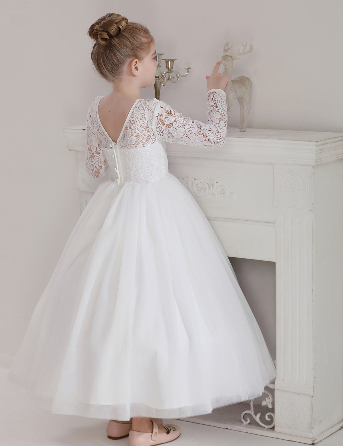 5119 Lace Flower Girl DressesTulle Long Sleeve Pageant Party Kids White Princess Evening Dresses Children Bridesmaid Dress