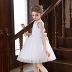 5151 Children Formal Dress Wholesale White Pearl Satin Tulle Backless Short Gown for Wedding Baptism Communion Birthday Party OEM
