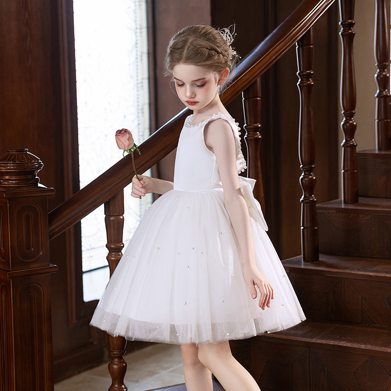5151 Children Formal Dress Wholesale White Pearl Satin Tulle Backless Short Gown for Wedding Baptism Communion Birthday Party OEM