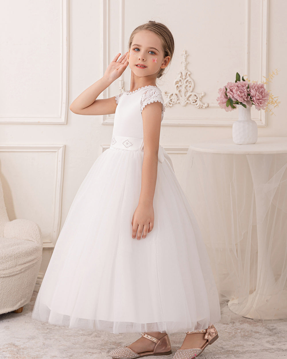 5089 White Lace Flower Girl Dress Tulle Gown for Summer Wedding