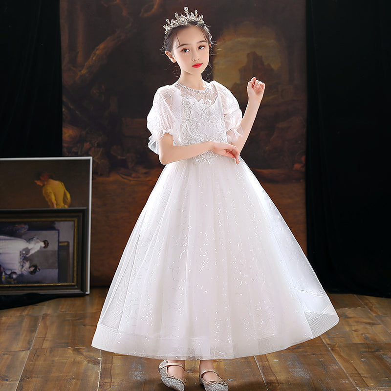 7591  MOQ:60, contact CS to order / Hot Sale Embroidery Flower Girls' Dresses Lace Party Dress White Kids Wear Wholesale Ball Frock