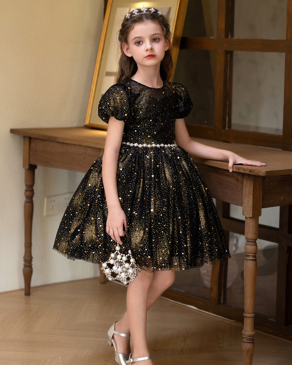 5211 Children Dress Designs Princess Sequin Lace Floral Dresses for Kids Black Party Costume Formal Prom Gown