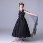 9819 Princess Flower Girl Dress Black Floor Length Ball Gown Summer Tutu Dress for Wedding Birthday Halloween Party