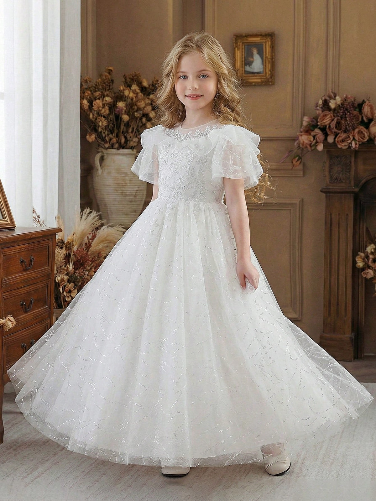 5135 Wholesale Beautiful Sparkly Western Style Long White First Holy Communion Flower Girl Dress for Girls Wedding Evening Party Wear