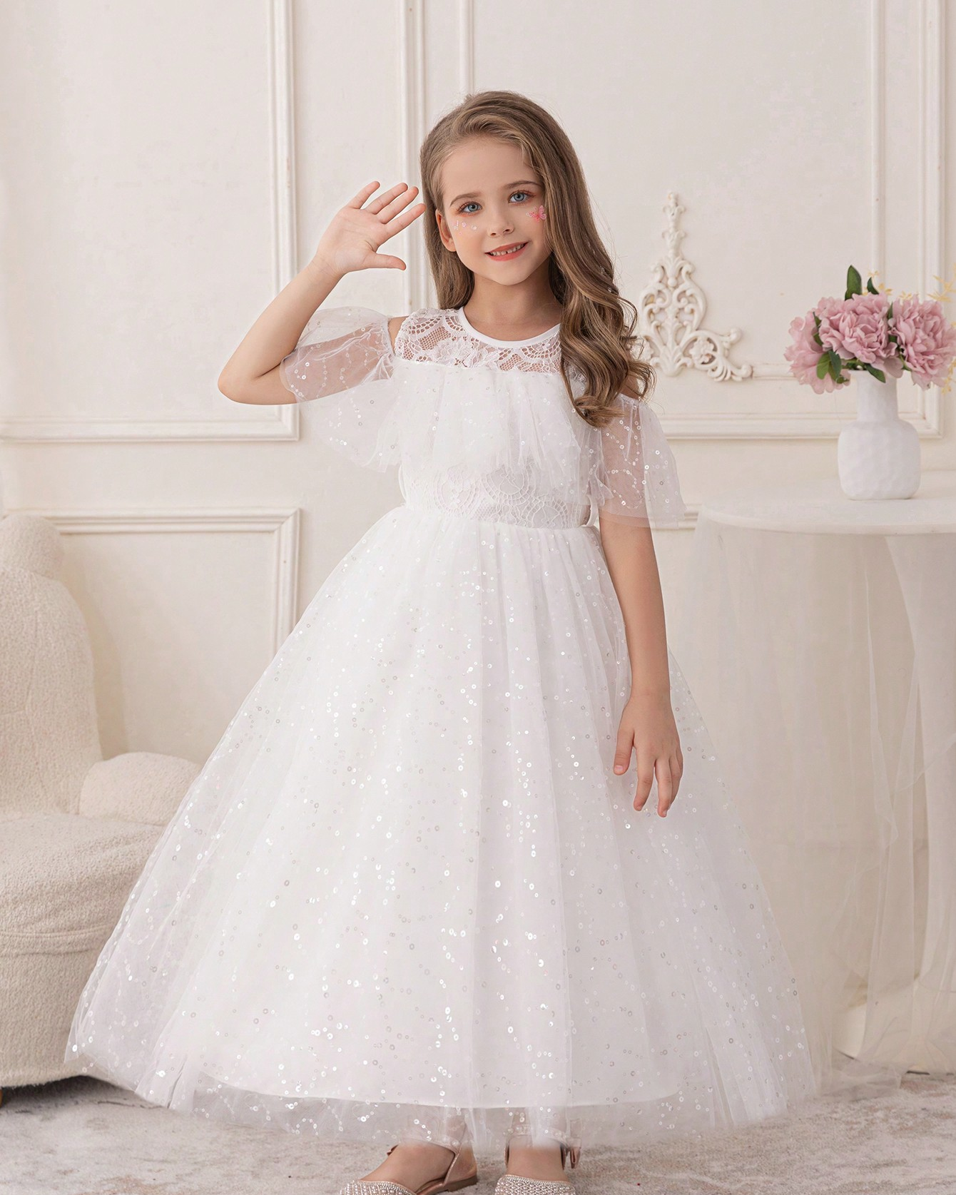 5095 Wholesale Elegant Long White Princess Communion Wedding Graduation Party Gown Dress for Young Little 6 Years Old Kids Girls
