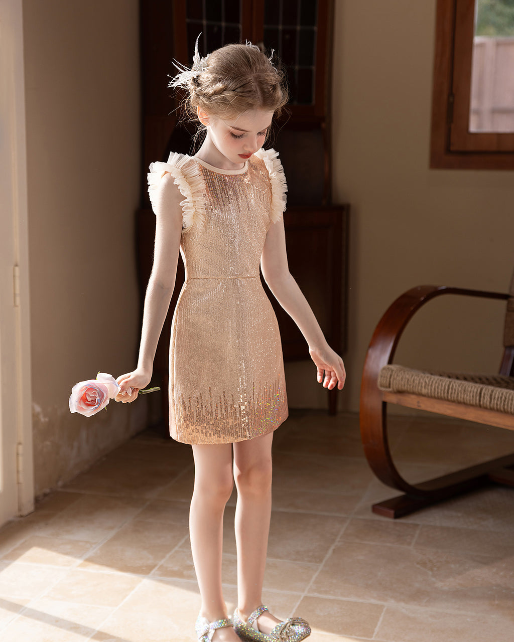 5152 Kids Clothing Girls Dresses Korean Style Princess Dress Sequin Skirt Wedding Flower Girl Dress Performance Wear for 10-11Years