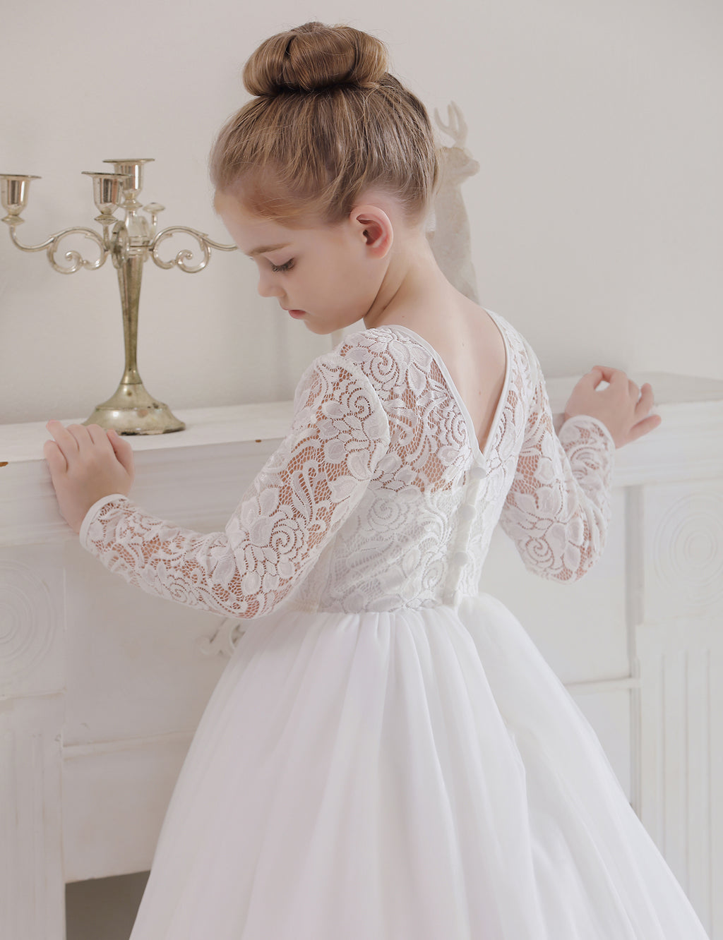 5119 Lace Flower Girl DressesTulle Long Sleeve Pageant Party Kids White Princess Evening Dresses Children Bridesmaid Dress