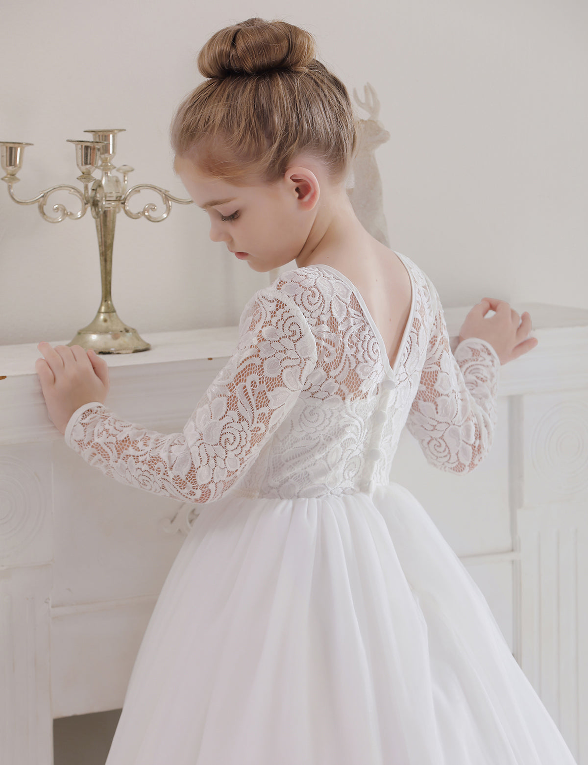 5119 Lace Flower Girl DressesTulle Long Sleeve Pageant Party Kids White Princess Evening Dresses Children Bridesmaid Dress