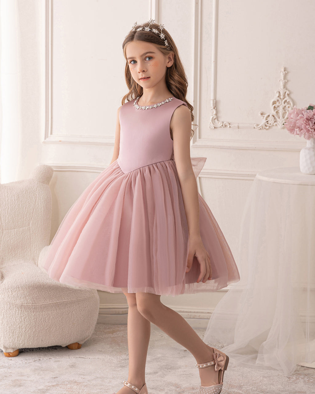 5192 Summer Dresses Princess High Quality Bow Pearl Sleeveless Girls Dress Wholesale
