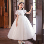 7811 Birthday Dresses for Girls Short Sleeve Frocks Design Formal Lace Flower Long Girl Dresses Wedding Kids
