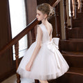 5151 Children Formal Dress Wholesale White Pearl Satin Tulle Backless Short Gown for Wedding Baptism Communion Birthday Party OEM