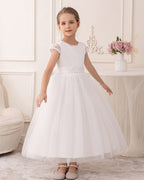 5089 White Lace Flower Girl Dress Tulle Gown for Summer Wedding