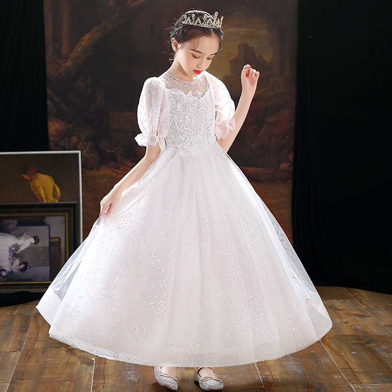 7591  MOQ:60, contact CS to order / Hot Sale Embroidery Flower Girls' Dresses Lace Party Dress White Kids Wear Wholesale Ball Frock