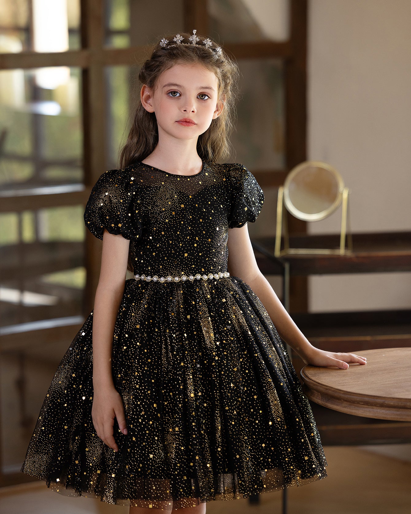 5211 Children Dress Designs Princess Sequin Lace Floral Dresses for Kids Black Party Costume Formal Prom Gown