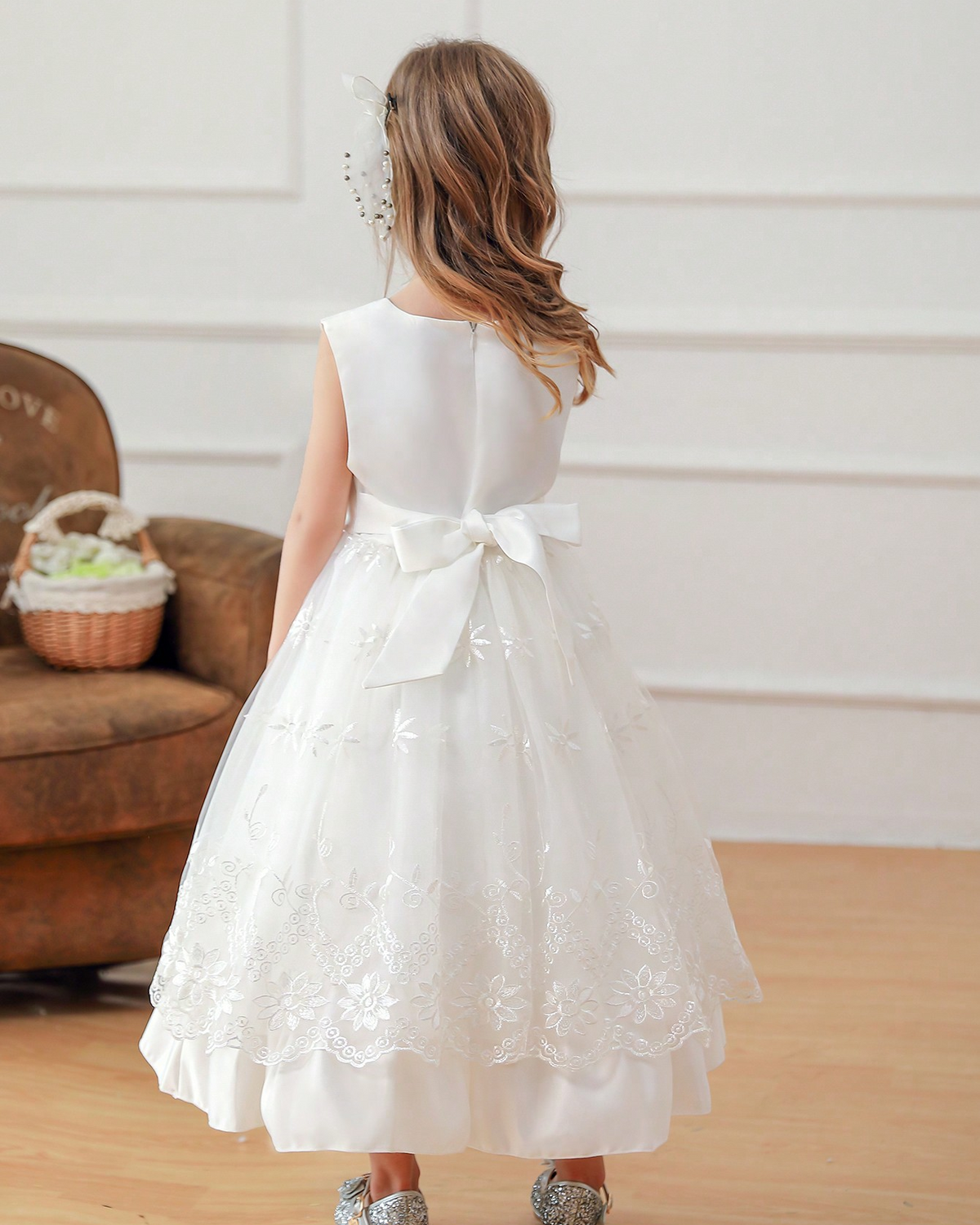 6006 Elegant White Flower Girl Dress Puffy Children's Clothing Long Sleeved Suit Wedding Dresses
