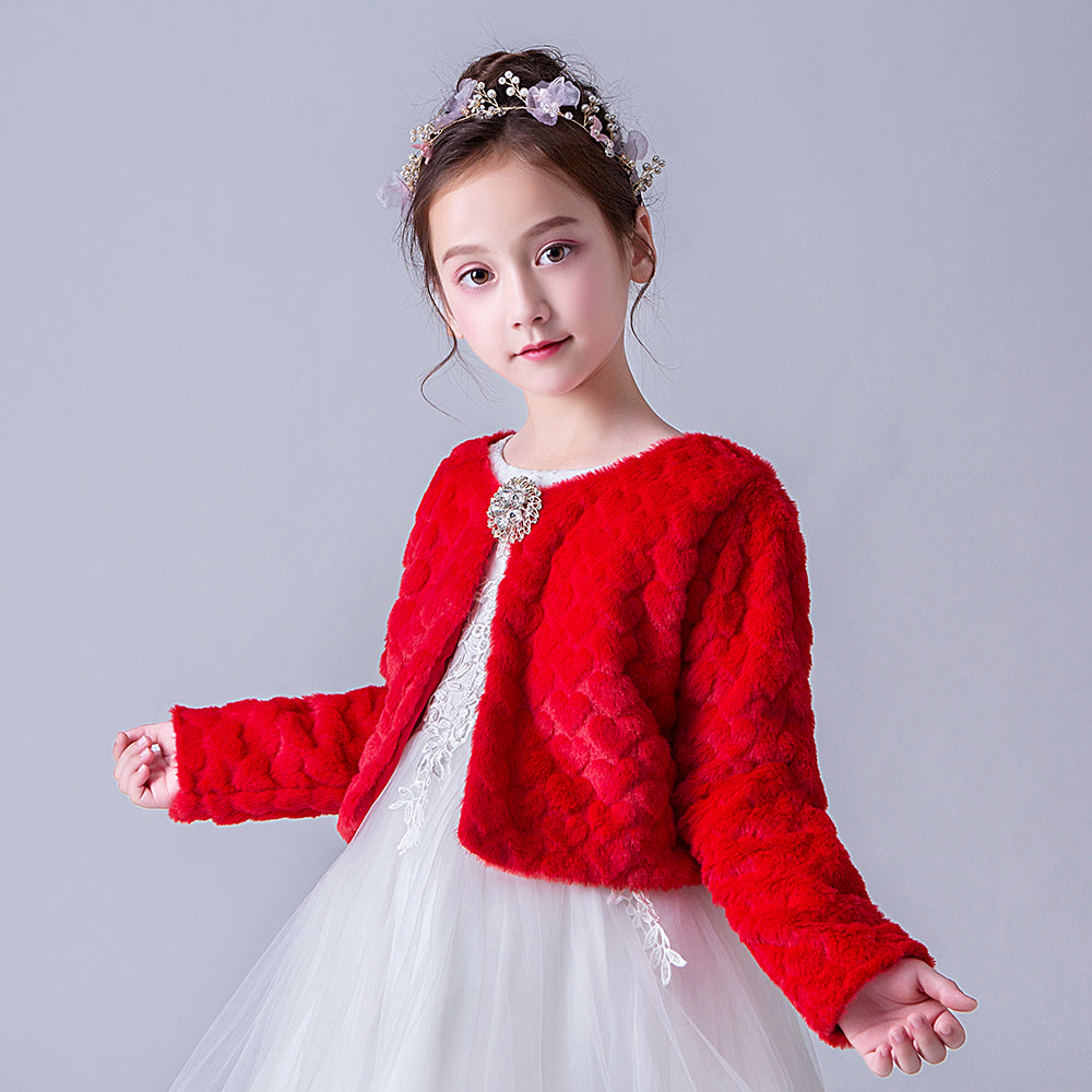 903 Girls Long Sleeve Jacket Autumn Winter Children White Bow Fur Elegant Fashion Baby Girls Formal Soft Party Coat Kids Cape