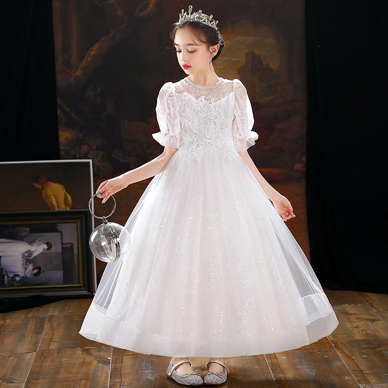 7591  MOQ:60, contact CS to order / Hot Sale Embroidery Flower Girls' Dresses Lace Party Dress White Kids Wear Wholesale Ball Frock