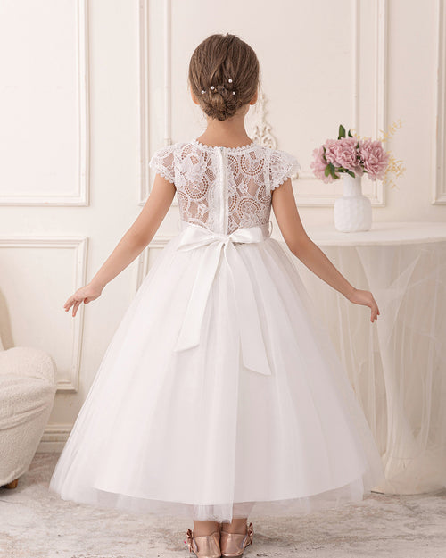 5089 White Lace Flower Girl Dress Tulle Gown for Summer Wedding