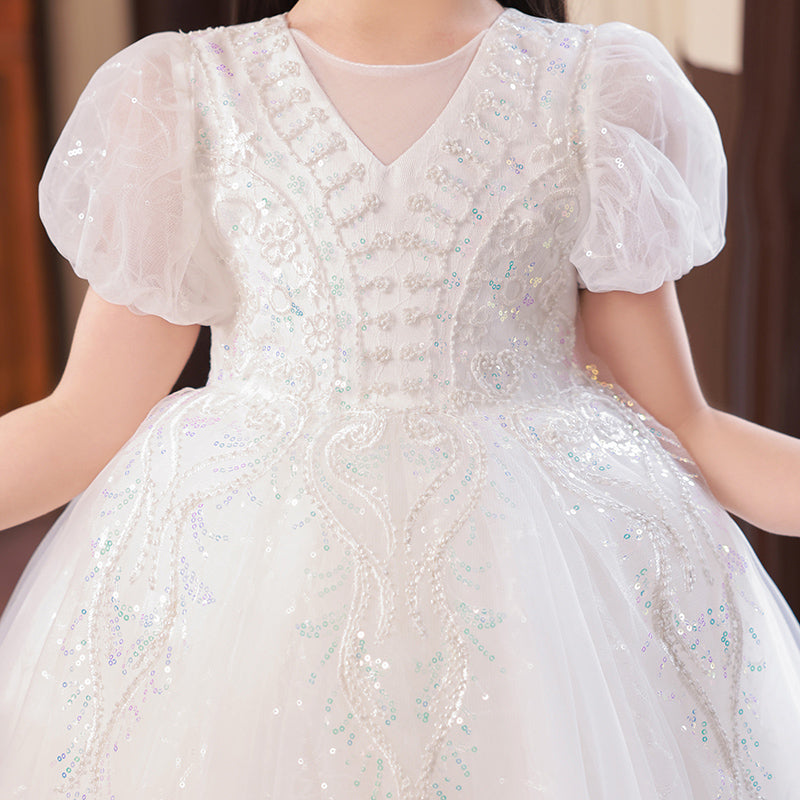 7811 Birthday Dresses for Girls Short Sleeve Frocks Design Formal Lace Flower Long Girl Dresses Wedding Kids