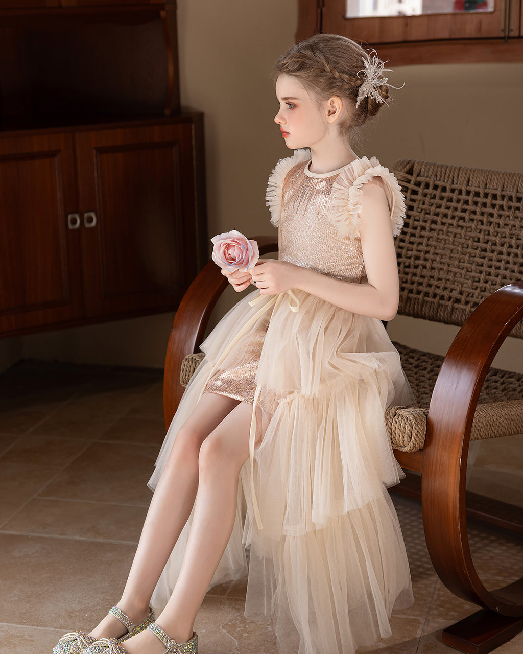 5152 Kids Clothing Girls Dresses Korean Style Princess Dress Sequin Skirt Wedding Flower Girl Dress Performance Wear for 10-11Years