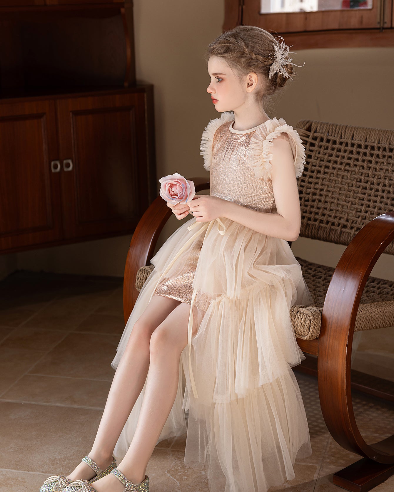 5152 Kids Clothing Girls Dresses Korean Style Princess Dress Sequin Skirt Wedding Flower Girl Dress Performance Wear for 10-11Years