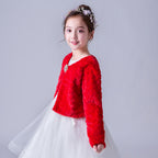 903 Girls Long Sleeve Jacket Autumn Winter Children White Bow Fur Elegant Fashion Baby Girls Formal Soft Party Coat Kids Cape