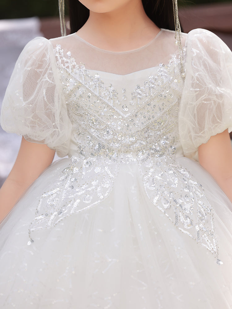 7919 Custom Design Kids Long Wedding Dress for 9-Year-Old Girls Formal Flowers First Communion Dresses for Fancy Kids Wear