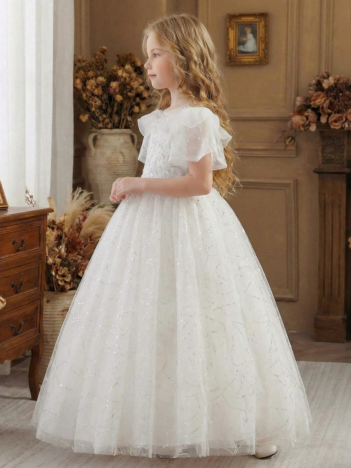 5135 Wholesale Beautiful Sparkly Western Style Long White First Holy Communion Flower Girl Dress for Girls Wedding Evening Party Wear