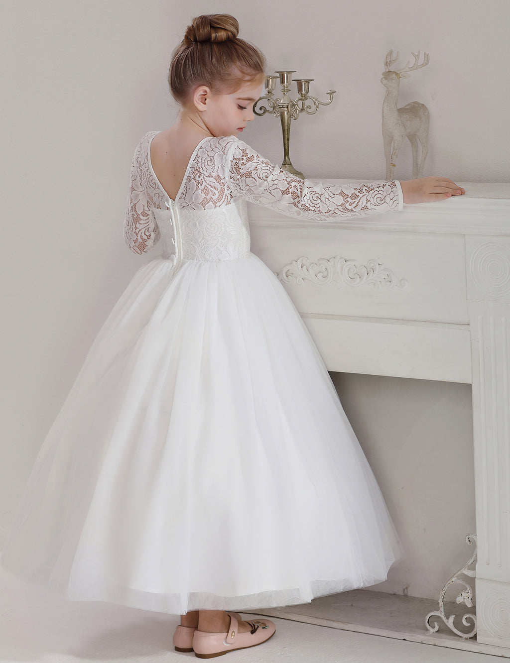 5119 Lace Flower Girl DressesTulle Long Sleeve Pageant Party Kids White Princess Evening Dresses Children Bridesmaid Dress