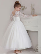 5119 Lace Flower Girl DressesTulle Long Sleeve Pageant Party Kids White Princess Evening Dresses Children Bridesmaid Dress