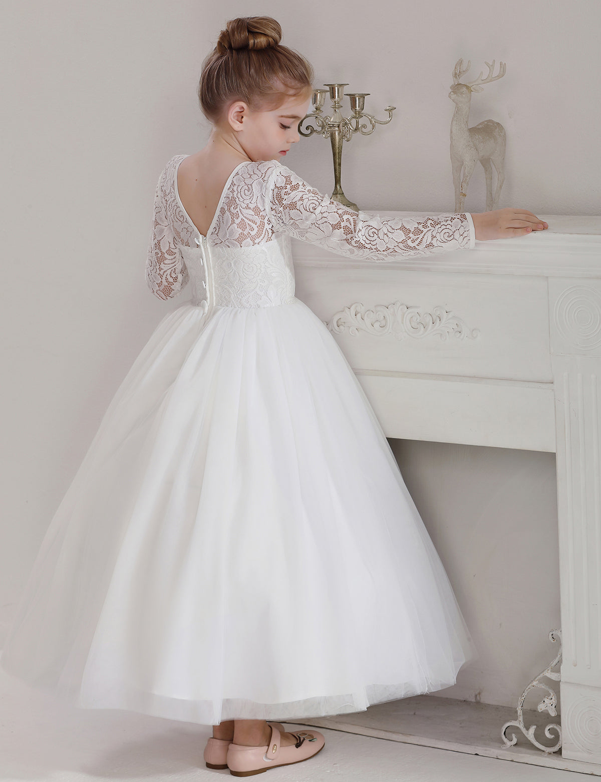 5119 Lace Flower Girl DressesTulle Long Sleeve Pageant Party Kids White Princess Evening Dresses Children Bridesmaid Dress