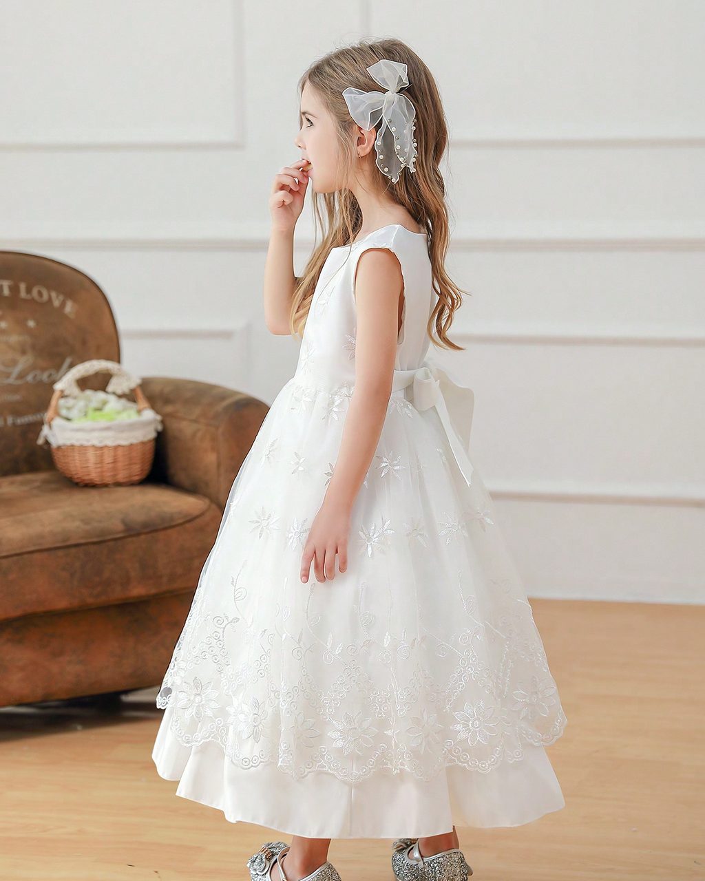 6006 Elegant White Flower Girl Dress Puffy Children's Clothing Long Sleeved Suit Wedding Dresses