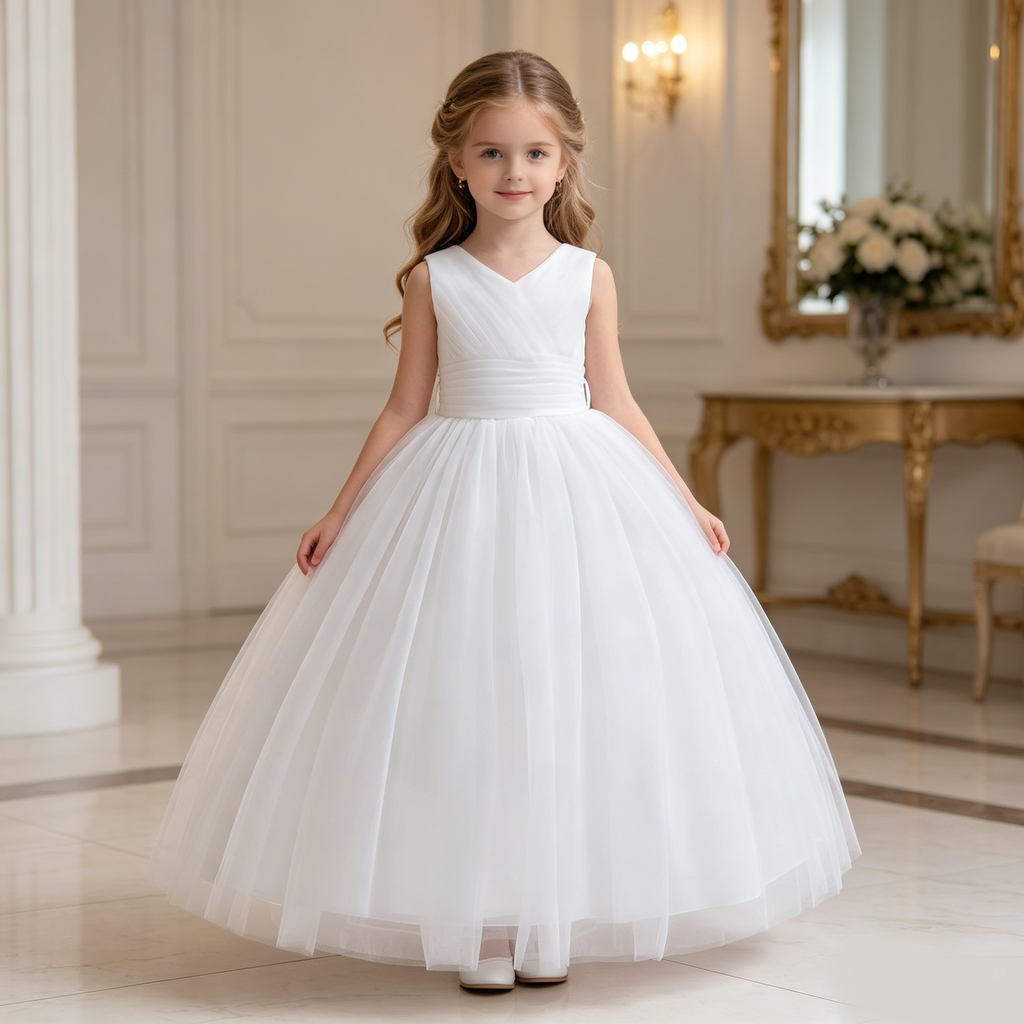 5091 Wholesale White Princess First Holy Communion Flower Girl Wedding Year 11 Graduation Dresses for 7-10 Years Old Kids Girls