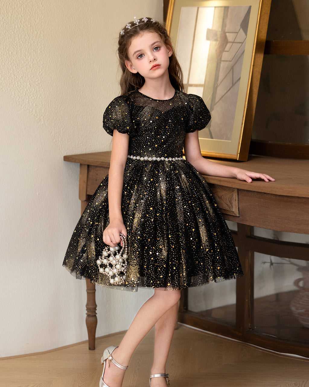 5211 Children Dress Designs Princess Sequin Lace Floral Dresses for Kids Black Party Costume Formal Prom Gown