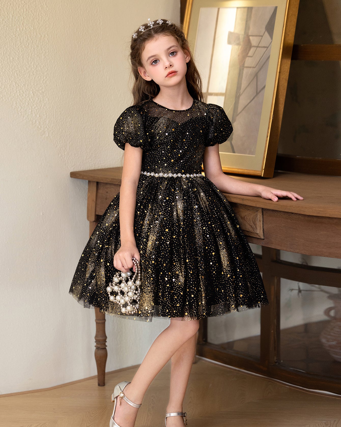 5211 Children Dress Designs Princess Sequin Lace Floral Dresses for Kids Black Party Costume Formal Prom Gown