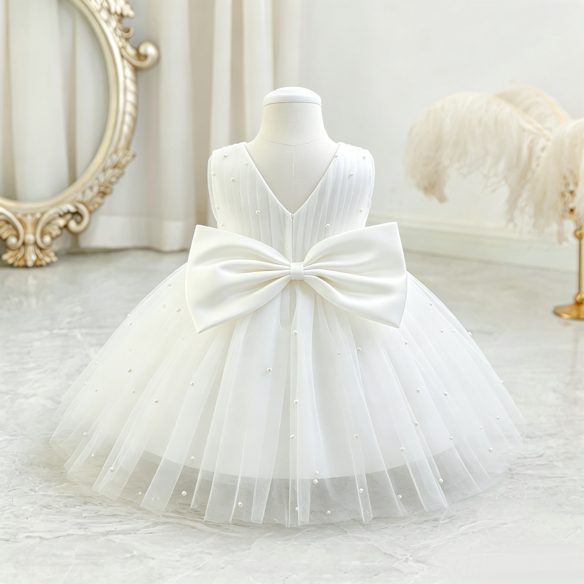 5296 Wholesale Baby Girls White Pearl Tulle Dress 1-4 Years Flower Girl Wedding Baptism Party Gown OEM Kids Clothing Supplier Wear