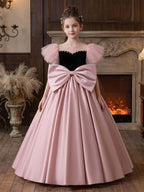 5303 Pink Satin Flower Girl Dress for 8-16 Teens, Velvet Top Tulle Cap Sleeve Formal Ball Gown with Large Bow, Kids Wedding Birthday Piano Performance Evening Dress