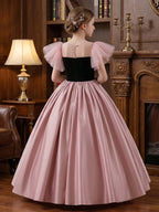 5303 Pink Satin Flower Girl Dress for 8-16 Teens, Velvet Top Tulle Cap Sleeve Formal Ball Gown with Large Bow, Kids Wedding Birthday Piano Performance Evening Dress