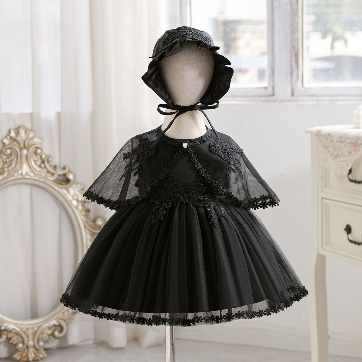 6116 New Design 3Pcs Baby Girl Frock 0-9 Months Party Dress 1Y Black First Birthday Party Prom Gown Toddler Pageant Dress With Hat
