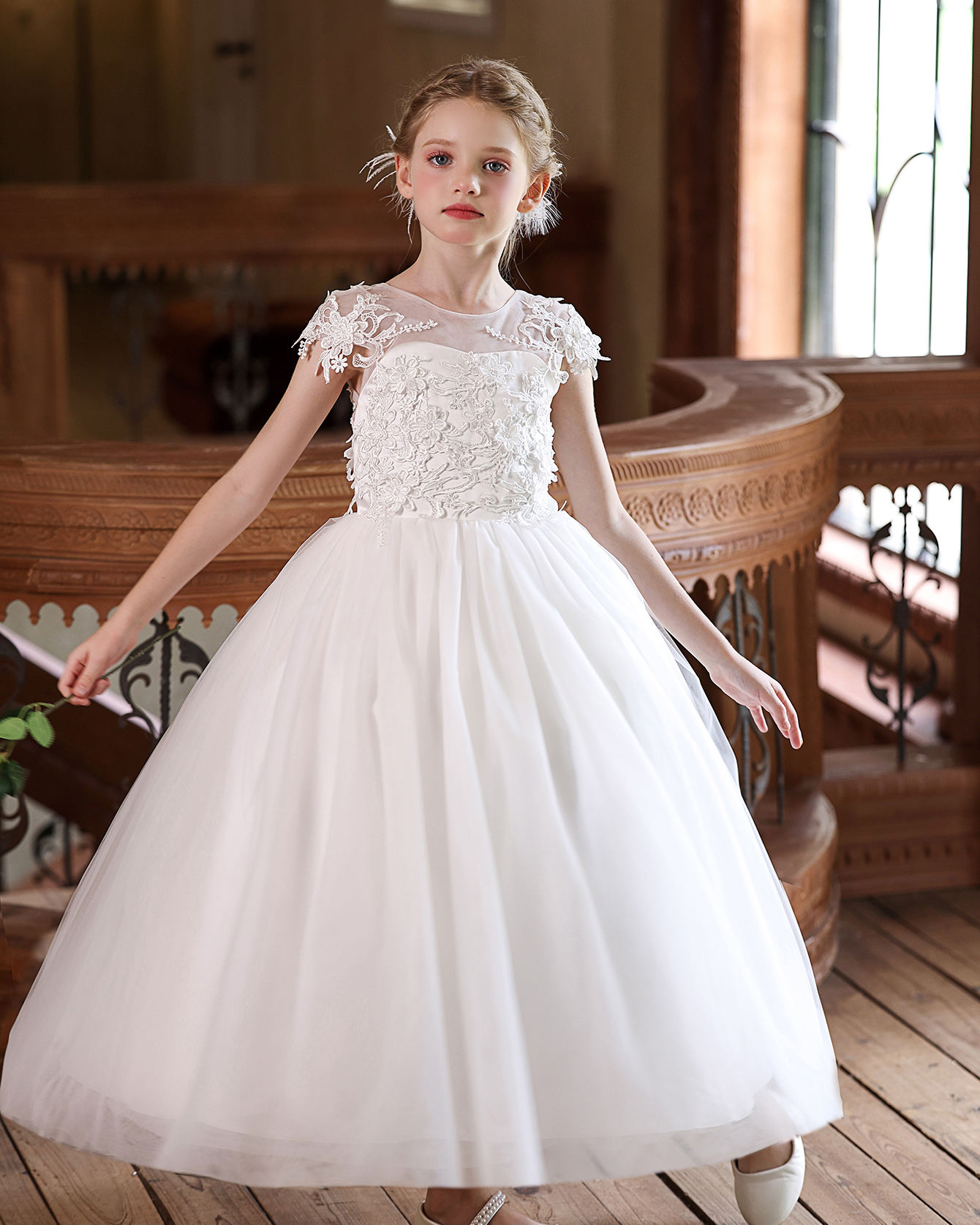 5216 Wholesale Ivory White Vintage 3D Floral Embroidery Lace Tulle Princess Flower Girl Dress 6-7Y Graduation Ballet Clothes