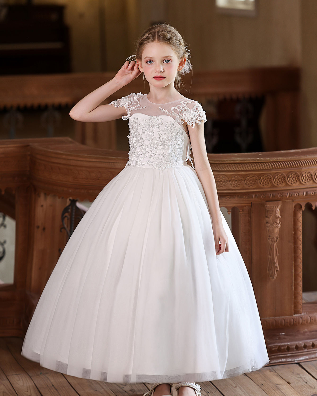 5216 Wholesale Ivory White Vintage 3D Floral Embroidery Lace Tulle Princess Flower Girl Dress 6-7Y Graduation Ballet Clothes
