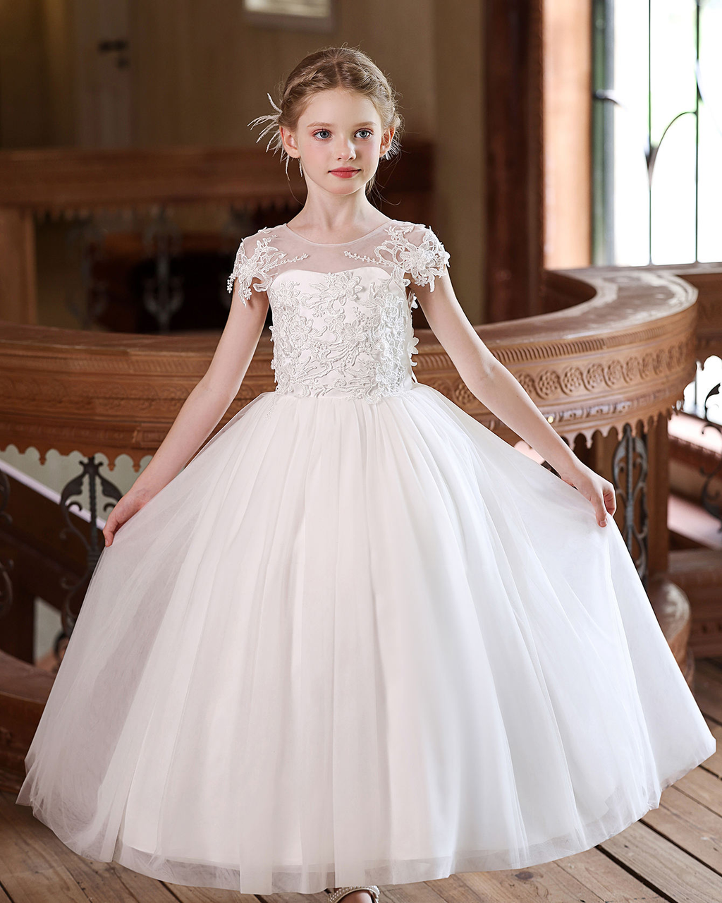 5216 Wholesale Ivory White Vintage 3D Floral Embroidery Lace Tulle Princess Flower Girl Dress 6-7Y Graduation Ballet Clothes