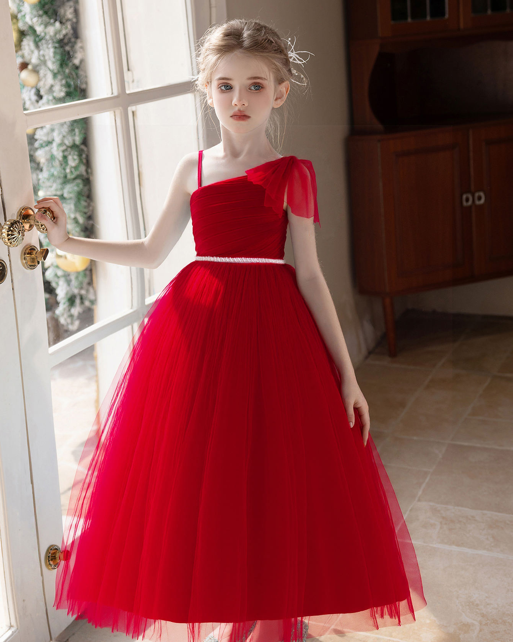 5163 New Year Gala Girls One Shoulder Dress Burgundy Gown for Christmas Recital Holiday Party Stage Performance Year End Celebration