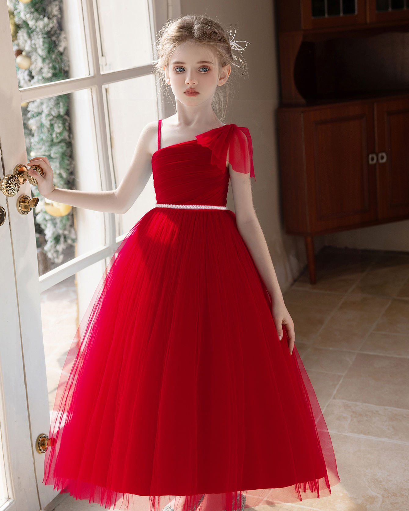 5163 New Year Gala Girls One Shoulder Dress Burgundy Gown for Christmas Recital Holiday Party Stage Performance Year End Celebration
