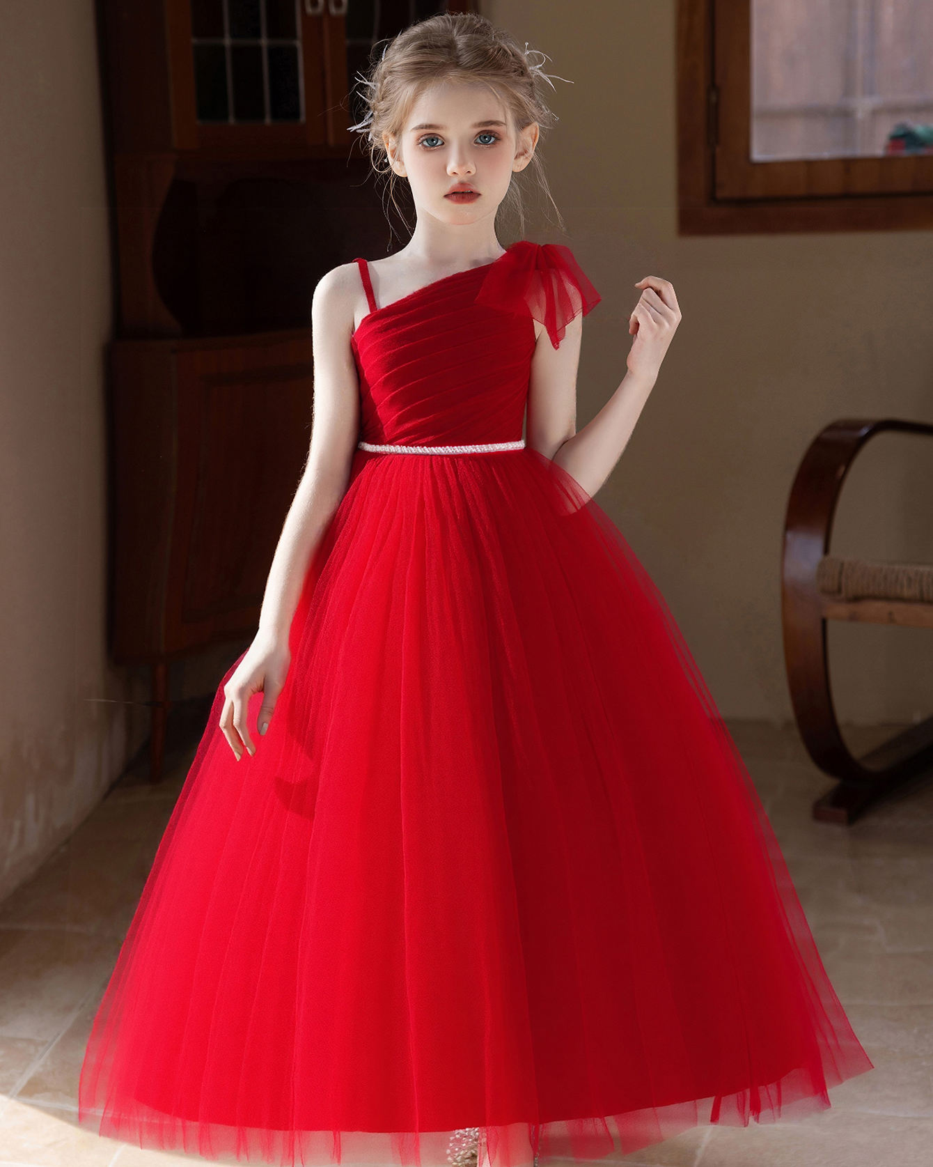 5163 New Year Gala Girls One Shoulder Dress Burgundy Gown for Christmas Recital Holiday Party Stage Performance Year End Celebration